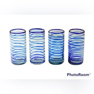 Glass Drinkware Set of 4 in Blue Whirlwind pattern